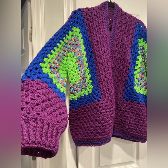 Handmade Crochet Granny Square One Size Cozy Cardigan Boho Chunky Knit Sweater - Picture 3 of 10